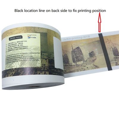China 80x90mm Musium Thermal Ticket Rolls with Black Positioning Line UV Printing for sale