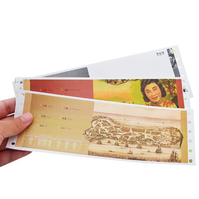 China 200x80mm Museum Tickets Theme Park Tickets Thermal Paper Tickets Perforated Fan Fold UV Printing for sale